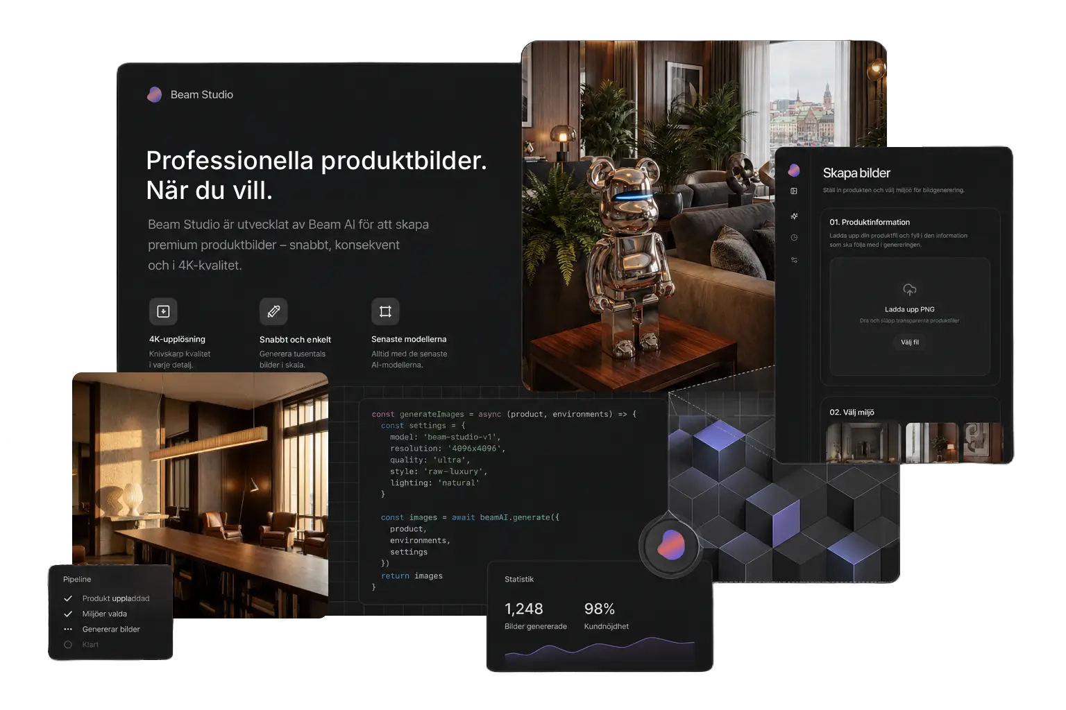 Beam Studio-gränssnitt med genererade produktbilder